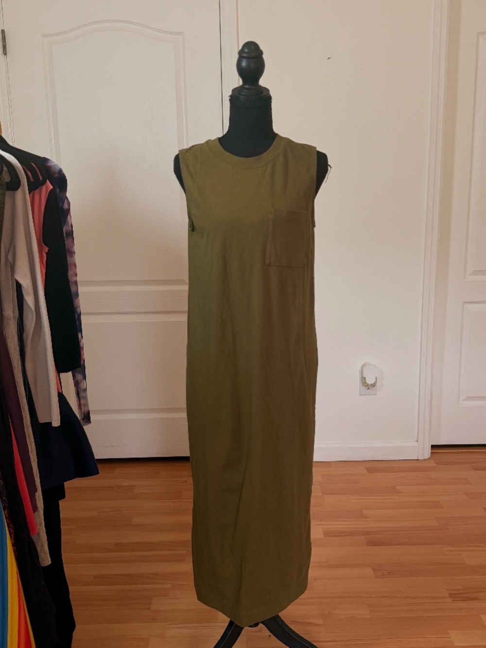 Everlane Olive Green Cotton Tank Maxi Dress Pocket Side Slit Size M